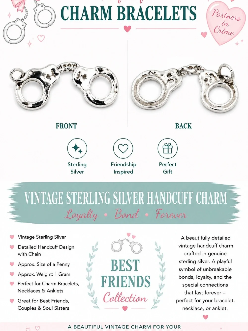 Vintage Sterling Silver Handcuff Charm for Charm Bracelets - Silver